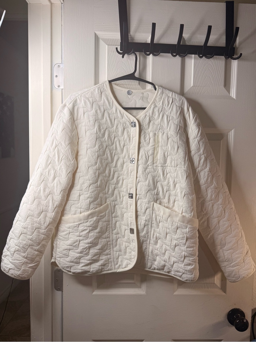 Margaret O'Leary Quilted Jacket Cream Turnlock Collarless Oversized Coat XS M L